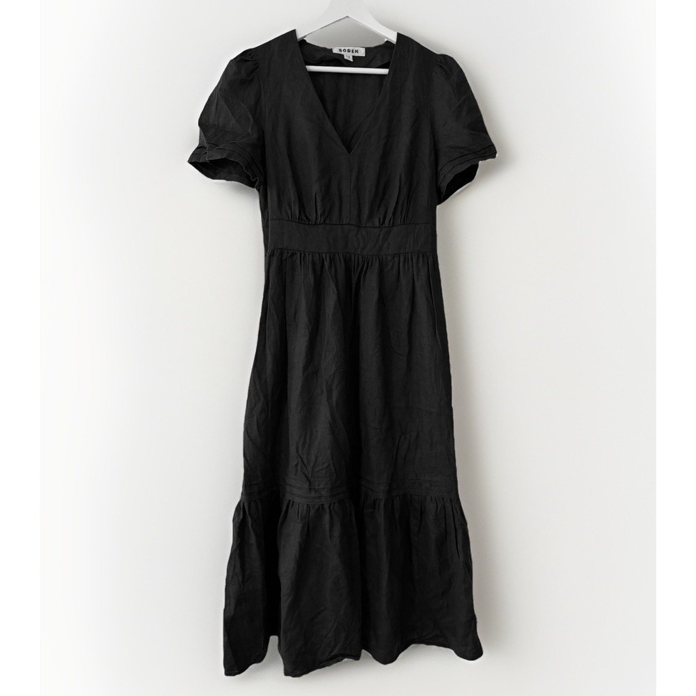 BODEN Eve Black Tiered Midi Dress 100% Linen Puff Sleeve US 8R EUC Sold Out